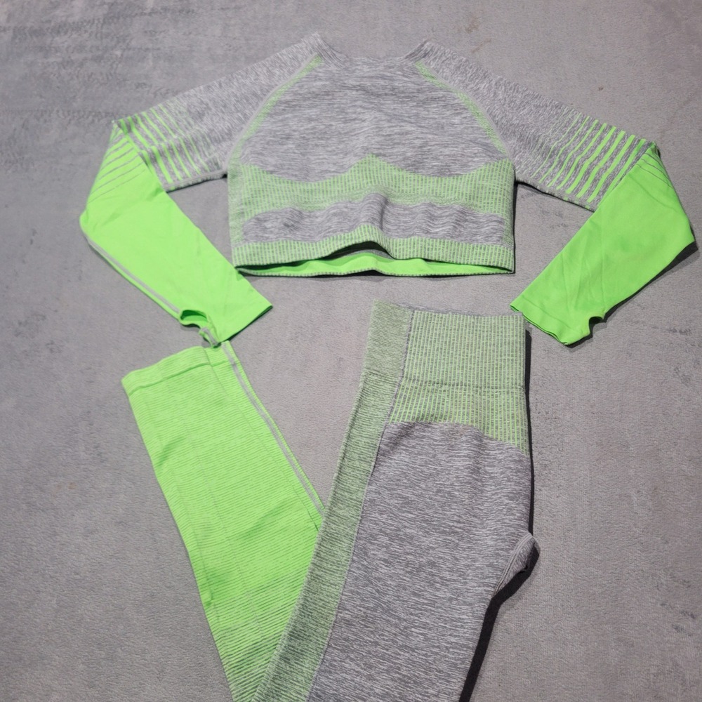 Bella Movement Activewear Set Womens Lime Green Gray Seamless Legging Crop Top